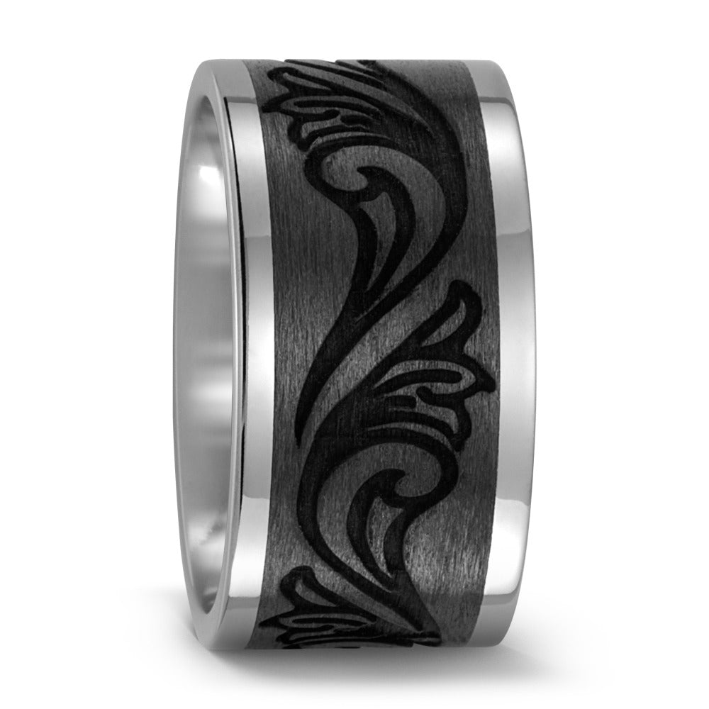 Black Carbon Fibre & Titanium vintage patterned ring, 12mm wide, 2mm deep, Flat exterior profile with courted interior, Hypoallergenic, 52465/000/000/2050