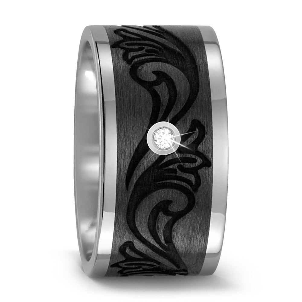 Black Carbon Fibre & Titanium vintage patterned ring, set with 0.03ct diamond, 12mm wide, 2mm deep, Flat exterior profile with courted interior, Hypoallergenic, 52465/000/003/2050