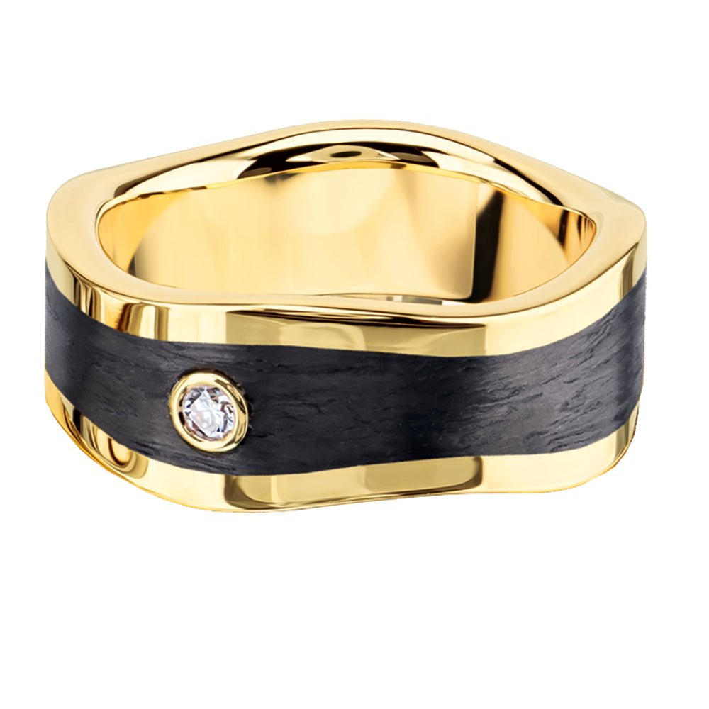 18ct Yellow Gold & Black Carbon Fibre Wave Ring from Furrer Jacot, set with 1 round diamond weighing approximately 0.04ct, graded F/G VS
