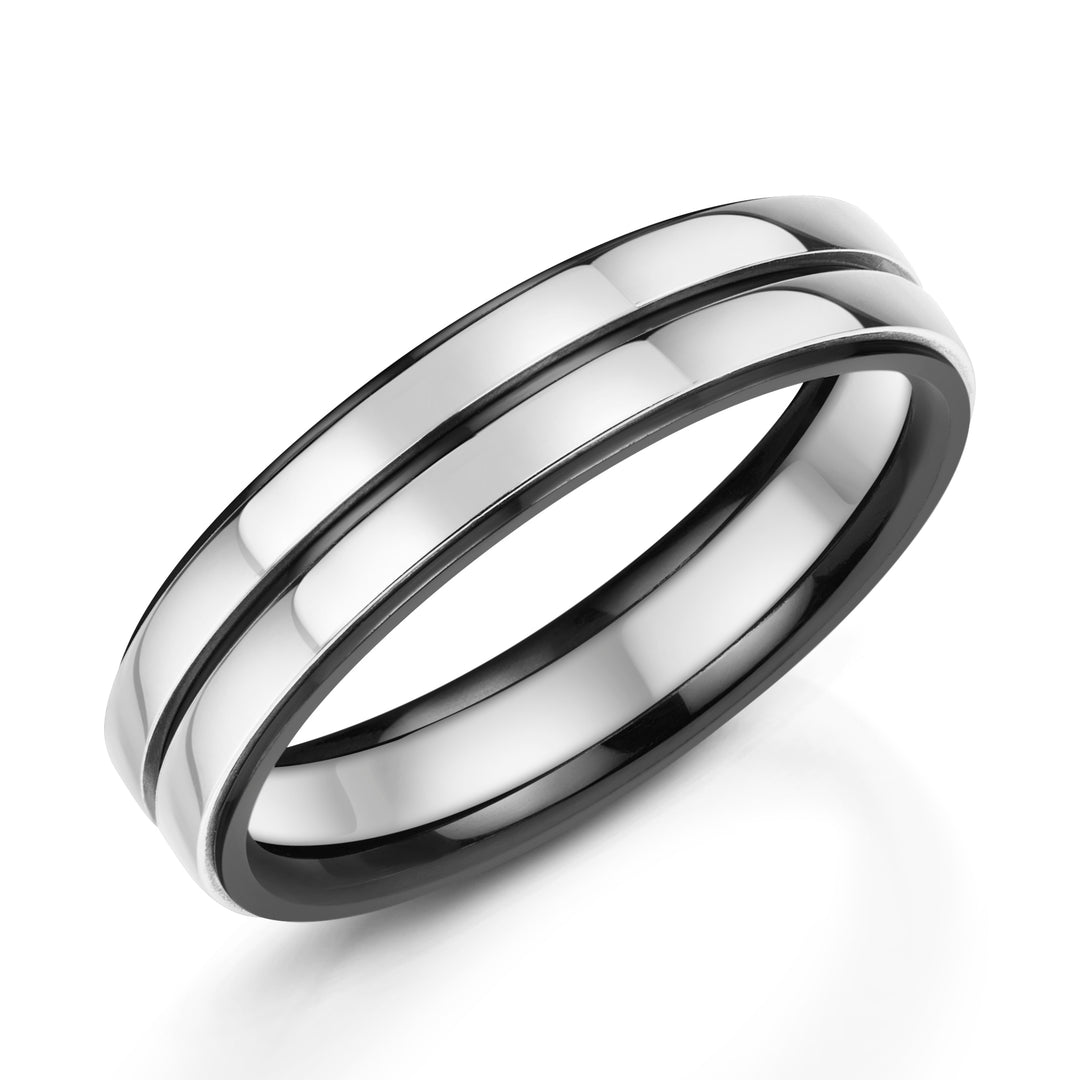 ZZ5055.5W, Zirconium - black finish, 9ct White Gold, Ring width: 5.5mm , Profile: Flat , Hallmarked "9ct & Other Metal" by Birmingham Assay Office