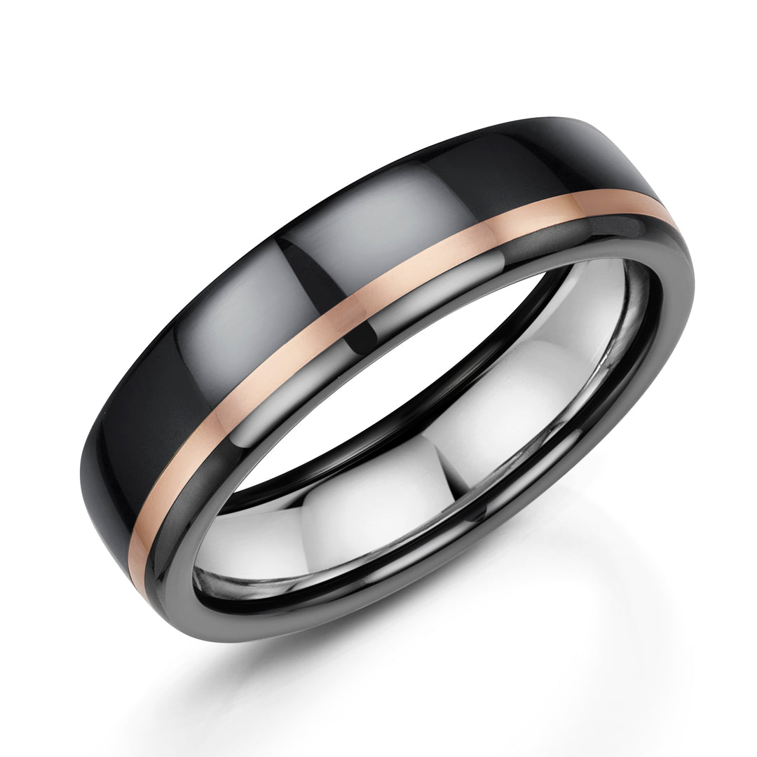 Sterling Silver inlay, Zirconium - black finish, 9ct Rose Gold, Ring width: 6mm , Profile: Flat, Hallmarked "9ct & Other Metal" by Birmingham Assay Office