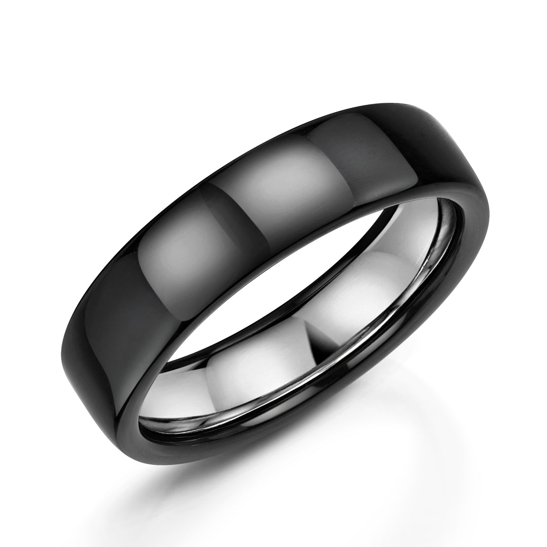Zirconium - polished black finish, Sterling Silver, Ring width: 6mm , Profile: Flat , Hallmarked "Silver & Other Metal" by Birmingham Assay Office