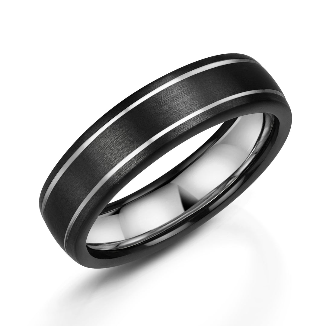 Zirconium - matt black finish, Sterling Silver, Ring width: 6mm , Profile: Flat , Hallmarked "Silver & Other Metal" by Birmingham Assay Office