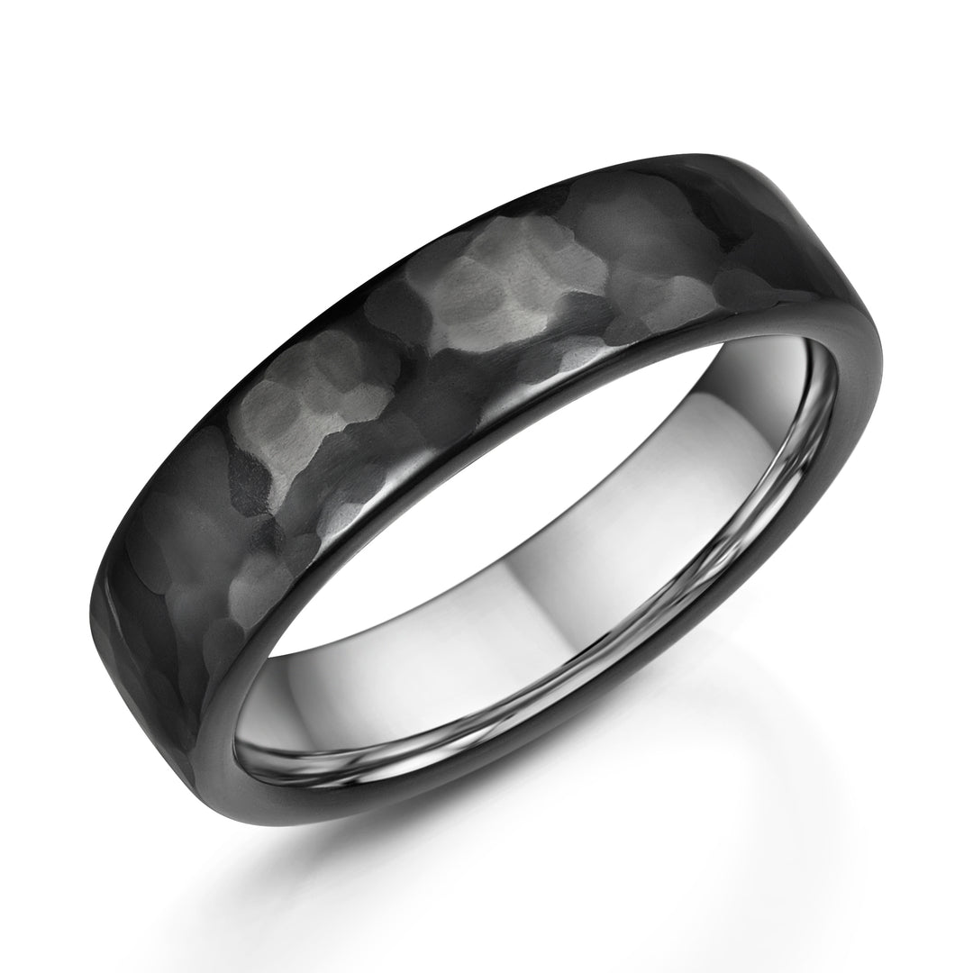 Zirconium - hammered black finish, Sterling Silver, Ring width: 6mm , Profile: Flat , Hallmarked "Silver & Other Metal" by Birmingham Assay Office