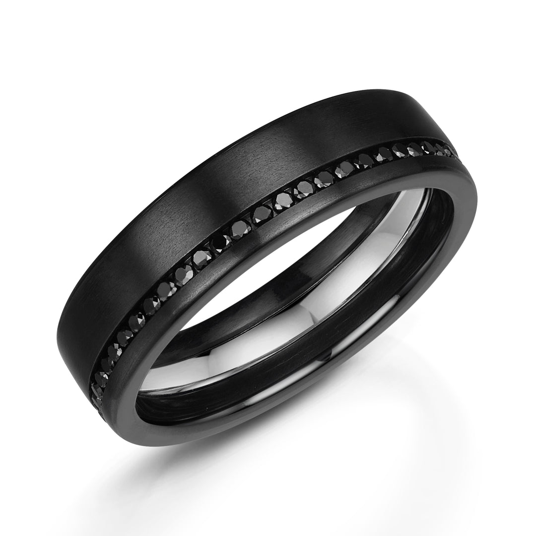 Zirconium, matt black finish, Platinum interior, Black Diamonds 0.25ct, 6mm, Comfort Flat profile, Hallmarked "Pt & Other Metal" by Birmingham Assay Office