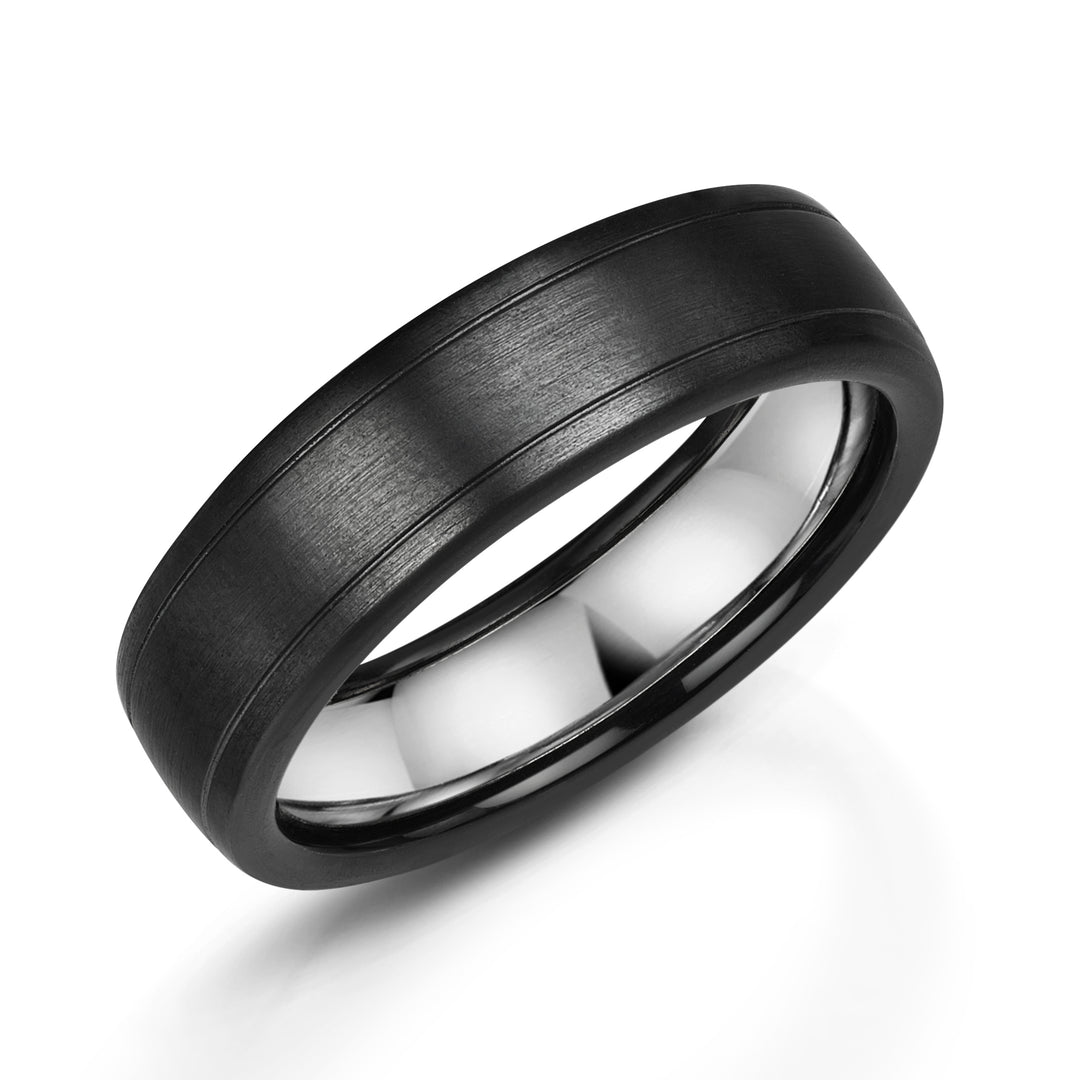 Zirconium - matt black finish, Sterling Silver, Ring width: 6mm , Profile: Flat , Hallmarked "Silver & Other Metal" by Birmingham Assay Office