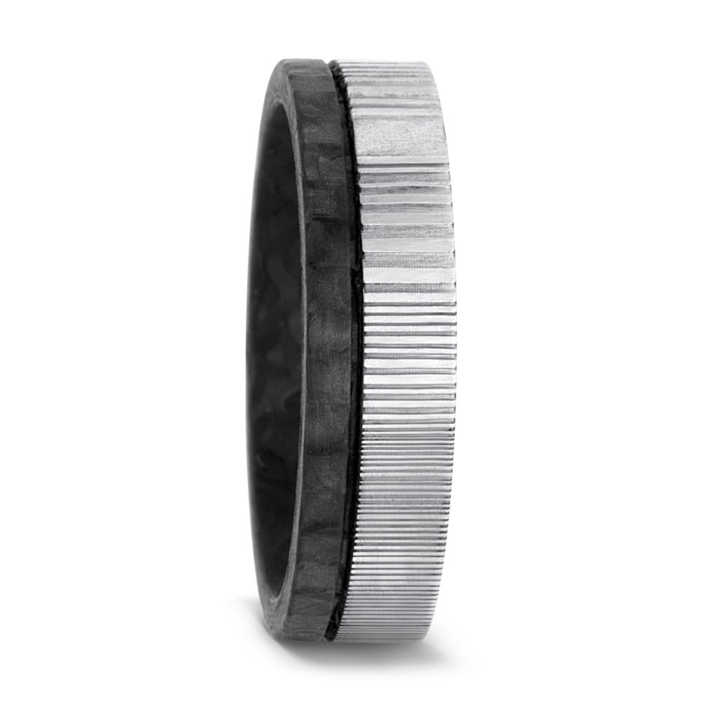 Black Carbon Fibre & Damascus Steel , 6mm wide, 2.3mm deep, Flat exterior profile with court interior, 52540-002-000-TN00-