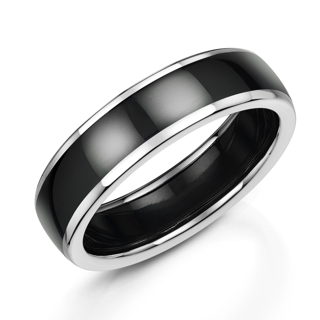 Zirconium - polished black finish, 9ct White Gold, Ring width: 6mm (Also available in 5mm width), Profile: Comfort Court, Hallmarked "9ct & Other Metal" by Birmingham Assay Office