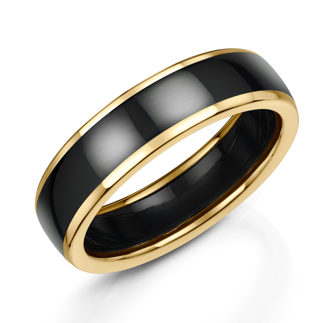 Zirconium - polished black finish, 9ct Yellow Gold, Ring width: 6mm (Also available in 5mm width), Profile: Comfort Court, Hallmarked "9ct & Other Metal" by Birmingham Assay Office