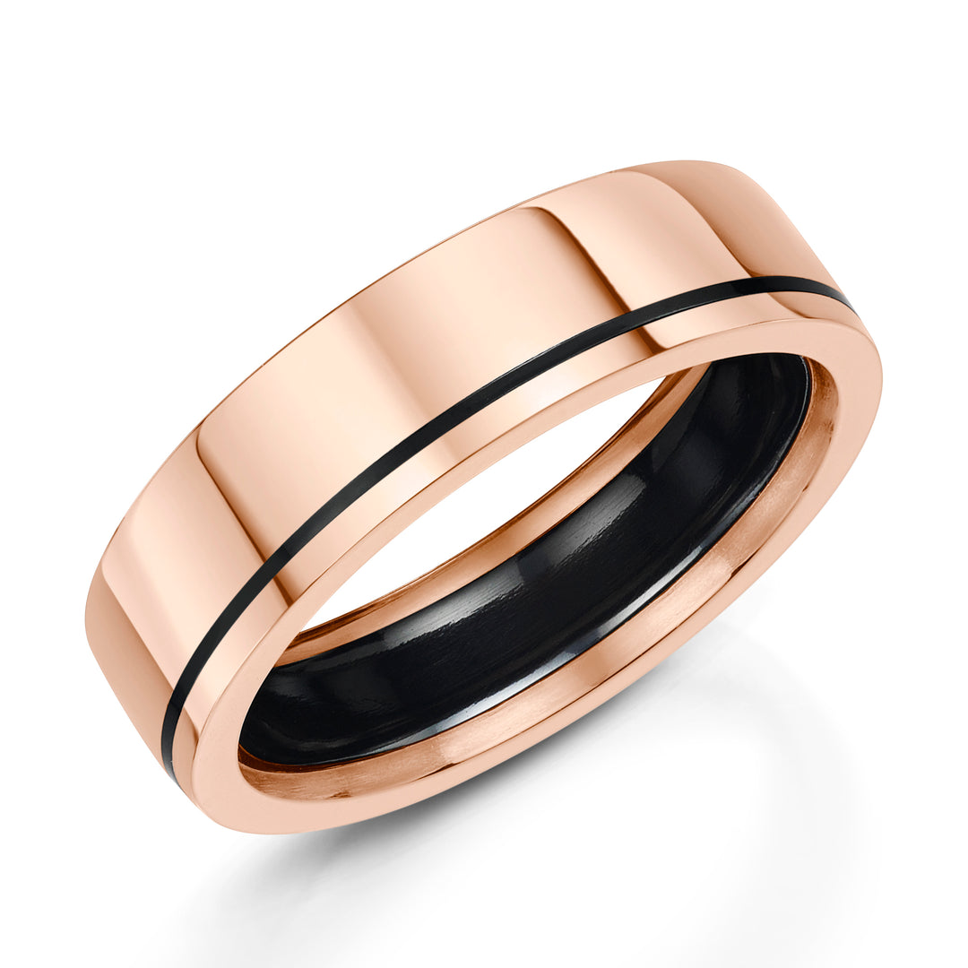 ZZ5006R Zirconium - black finish, 9ct Rose Gold, Ring width: 6mm  , Profile: Flat, Hallmarked "9ct & Other Metal" by Birmingham Assay Office