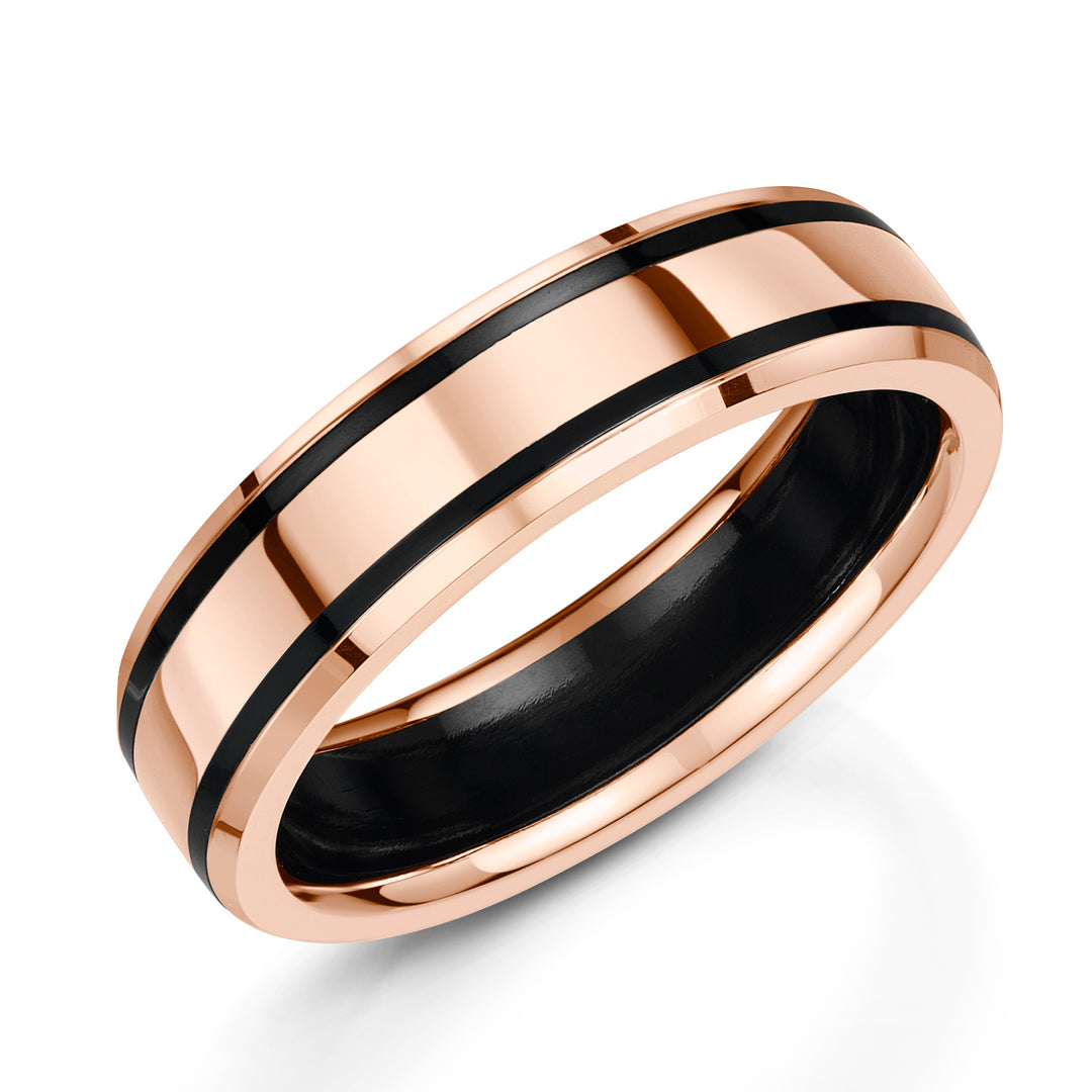 ZR5106R, Zirconium - black finish, 9ct Rose Gold , Ring width: 6mm  , Profile: Slight Court, Hallmarked "9ct & Other Metal" by Birmingham Assay Office