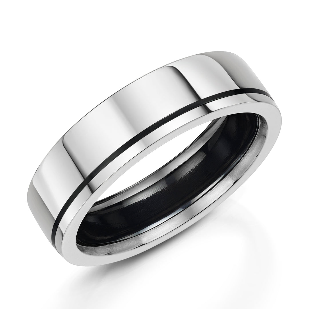 Zirconium - black finish, 9ct White Gold - polished, Also available in other precious metals - please ask us for details, 6mm wide, Comfort Flat profile, Hallmarked "9ct & Other Metal" by Birmingham Assay Office