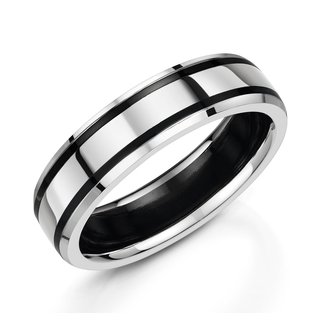Zirconium - black finish, 9ct White Gold , Ring width: 6mm , Profile: Slight Court, Hallmarked "9ct & Other Metal" by Birmingham Assay Office