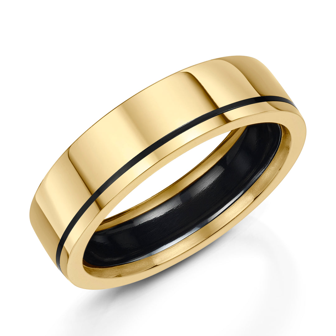 Zirconium - black finish, 9ct Yellow Gold, Ring width: 6mm , Profile: Flat, Hallmarked "9ct & Other Metal" by Birmingham Assay Office
