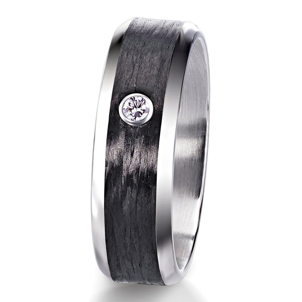 Black Carbon , Palladium , 1 brilliant cut (round) diamond (0.02ct) graded F/G vs, 6mm wide , AVAILABLE NOW IN SIZE 53 (UK M) leading edge