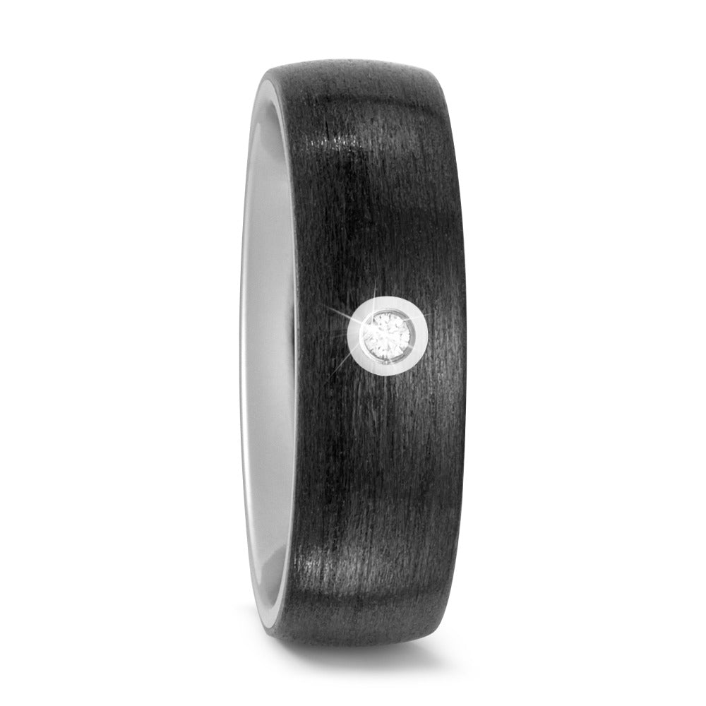 Black Carbon Fibre Ring with Titanium interior, Set with 0.03ct diamond, 7mm wide, 2.5mm deep, Comfort court profile, Hypoallergenic, 52483/001/003/2050