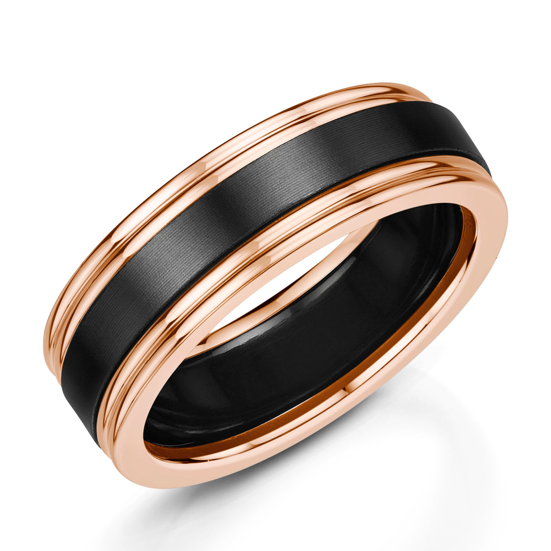 ZR5407R, Zirconium - matt black finish, 9ct Rose Gold, Ring width: 7mm  , Profile: Ridged Edge, Hallmarked "9ct & Other Metal" by Birmingham Assay Office