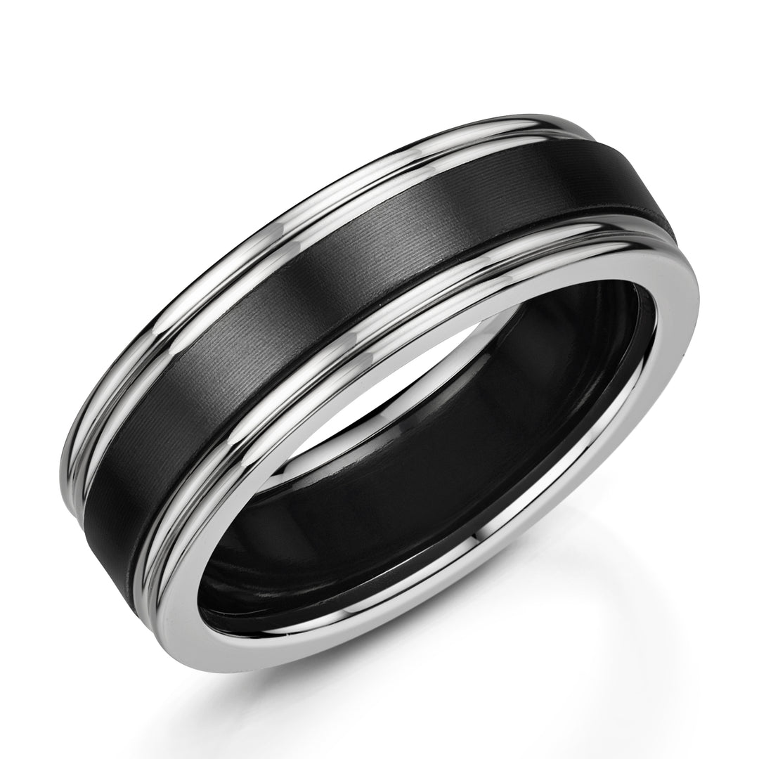 Zirconium - matt black finish, 9ct White Gold, Ring width: 7mm , Profile: Ridged edge, Hallmarked "9ct & Other Metal" by Birmingham Assay Office