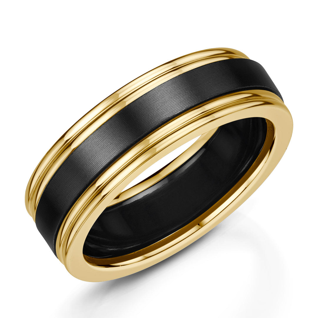 Zirconium - matt black finish, 9ct Yellow Gold, Ring width: 7mm , Profile: Ridged Edge, Hallmarked "9ct & Other Metal" by Birmingham Assay Office