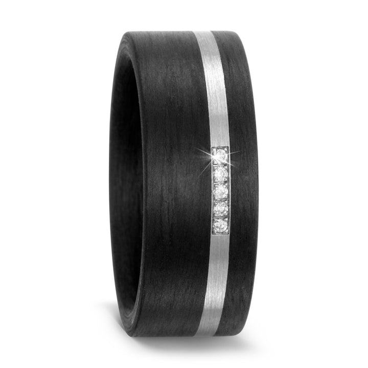 Black Carbon Fibre ring with Stripe options in Titanium or Palladium 500, Diamond set with 5 diamonds, 8mm wide, 2.6mm deep, Flat profile, 59315-003-002-N200