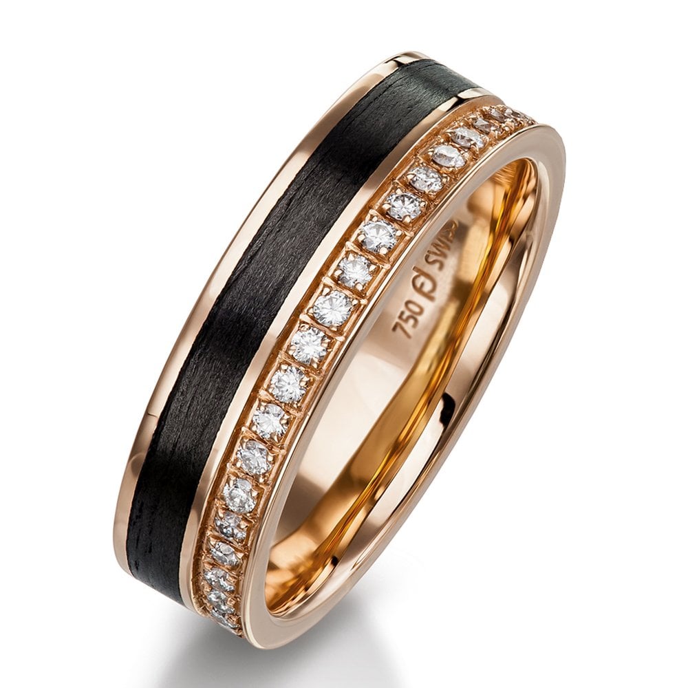 Furrer Jacot 18ct Rose Gold & Black Carbon Fibre ring set with 20 brilliant cut round diamonds (approx total weight 0.16ct) graded F/G vs, 5.5mm wide, 1.8mm deep, 61-53150