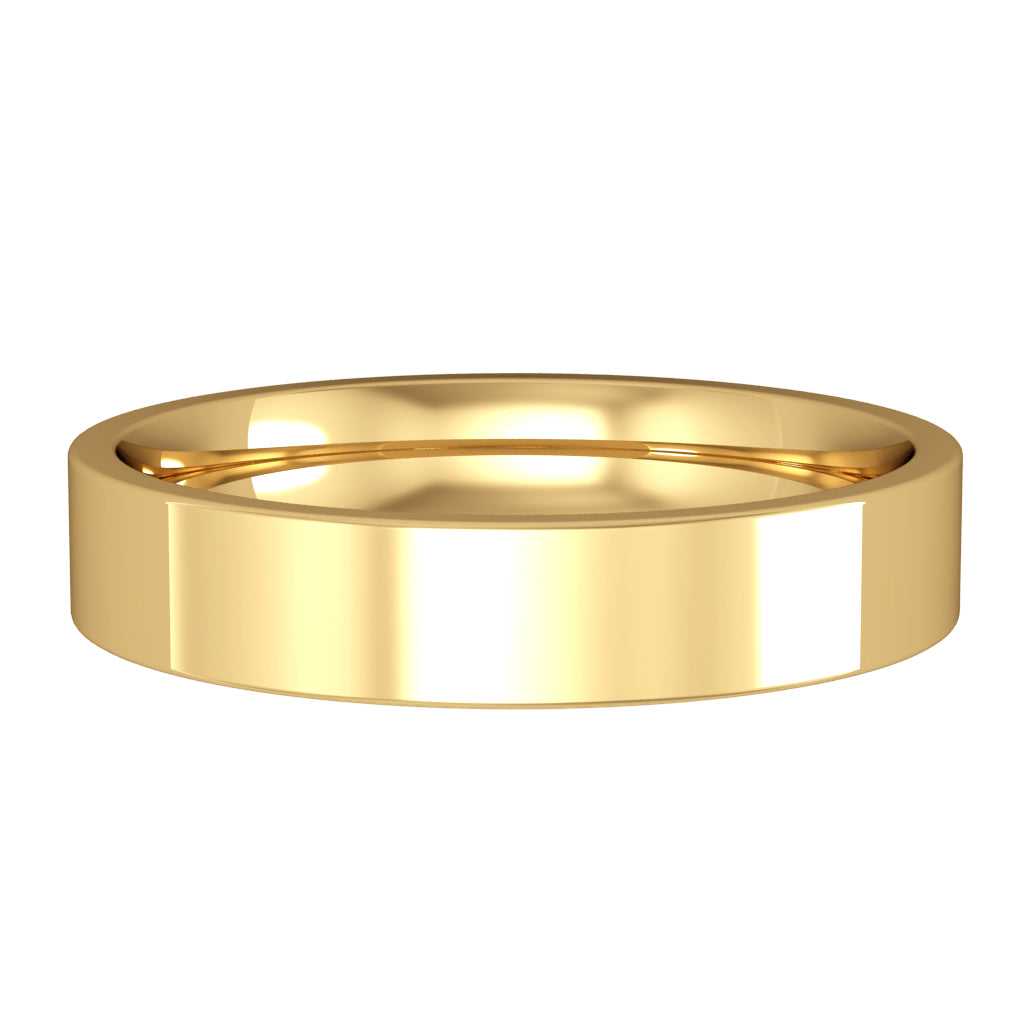 9ct Yellow Gold , 4mm or 5mm widths, 1.7mm deep (4mm), 1.8mm deep (5mm), Flat Court profile, Polished - other surface finishes available on request, Made in England , AVAILABLE IN 14 DAYS IN MOST SIZES (from date of size confirmation), Other sizes including half sizes available on reques