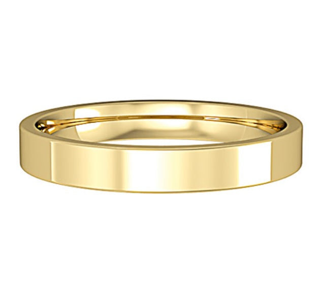 9ct & 18ct Gold options, Also available in Rose Gold, Platinum & Palladium, prices on request, 2mm or 3mm widths, 1.4mm deep (2mm), 1.6mm deep (3mm), Flat Court profile, Polished - other surface finishes available on request, Made in England, AVAILABLE IN 14 DAYS IN MOST SIZES (from date of size confirmation), Other sizes including half sizes available on request