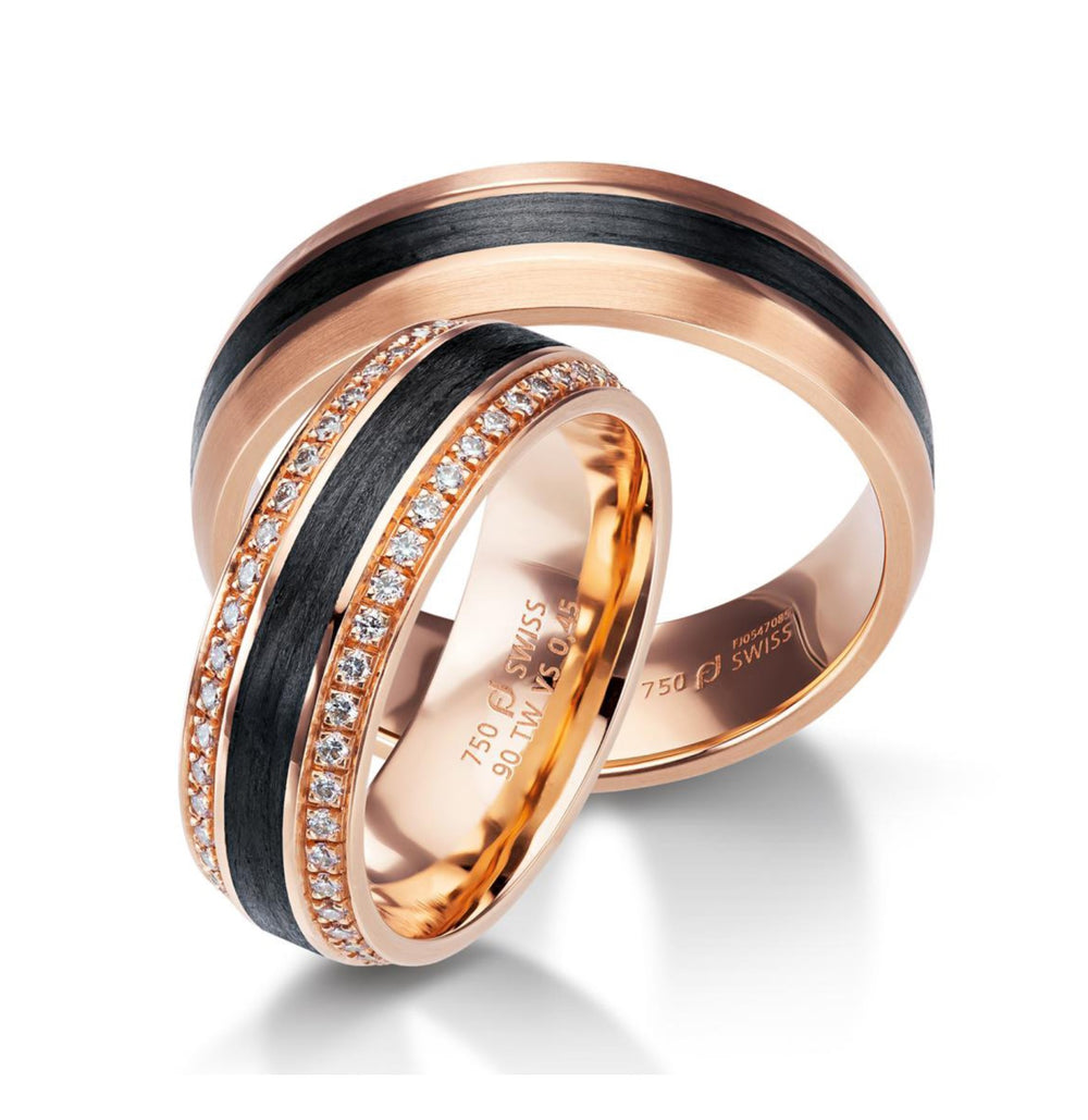 Pair 18ct Rose Gold & Black Carbon Fibre rings, 44 round brilliant cut diamonds (total weight 22pts) graded F/G vs, 6.5mm wide.