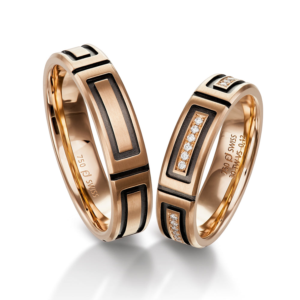Pair of 18ct Rose Gold rings with Black Rhodium detailing, set with 12 x brilliant cut diamonds weighing 0.048ct (graded F/G VS) , Furrer Jacot 61-53170-2-0 & 71-32170