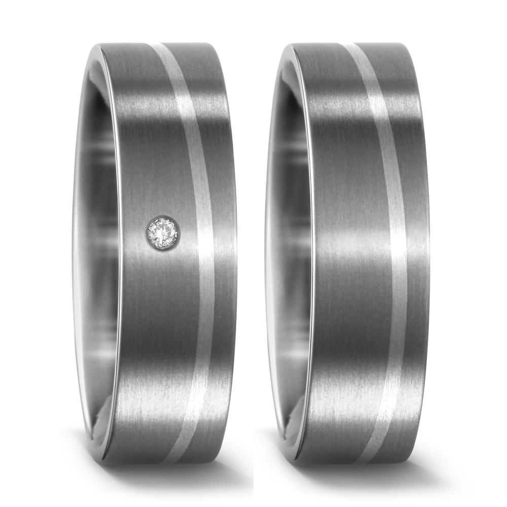 Pair of Titanium Rings with Palladium 950 Wave Detail, Diamond & Plain, 6.5mm wide, 1.7mm deep, Brushed matte surface finish, Flat exterior profile with courted interior, Hypoallergenic, 51446/001/000/B202