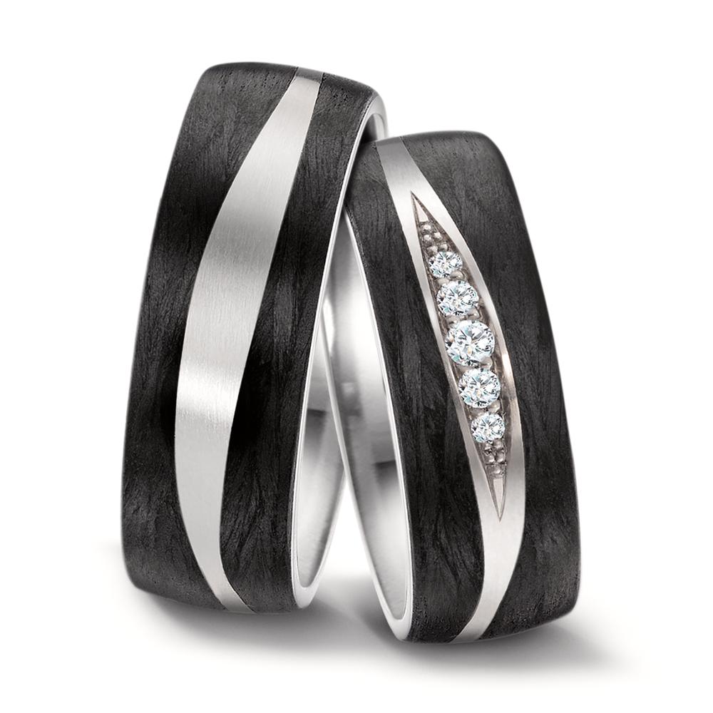 Pair of Black Carbon Fibre Rings with Titanium Wave, Plain & Diamond set, 7mm wide, 2.5 mm deep, Comfort court profile, 52548/001/000/2050