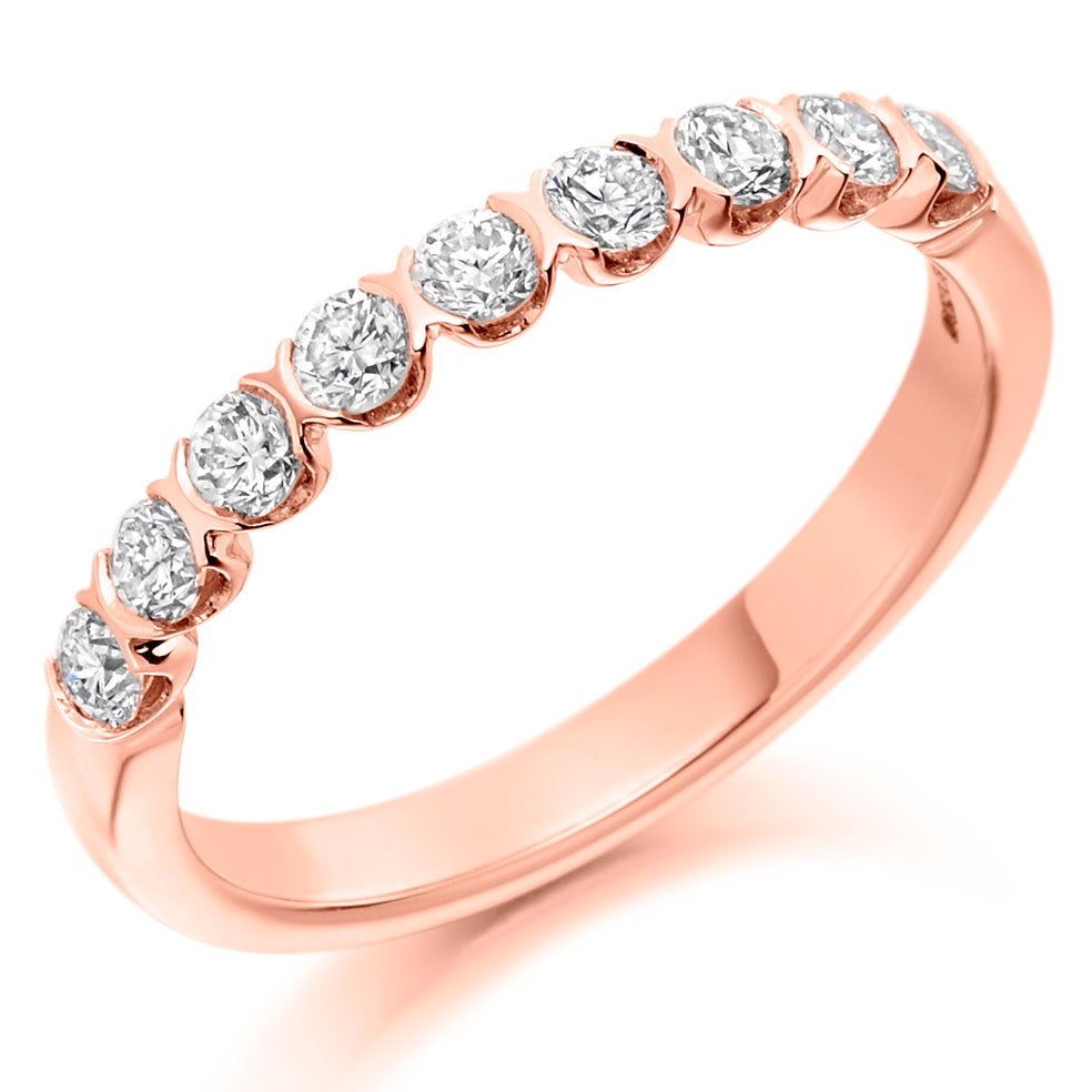 9ct, 14ct or 18ct rose gold, 0.50ct round brilliant cut diamonds, graded G Si, 2.5mm wide, Diamond certificate available for £25 - please let us know by leaving a message in the comments box at Checkout, Half sizes available