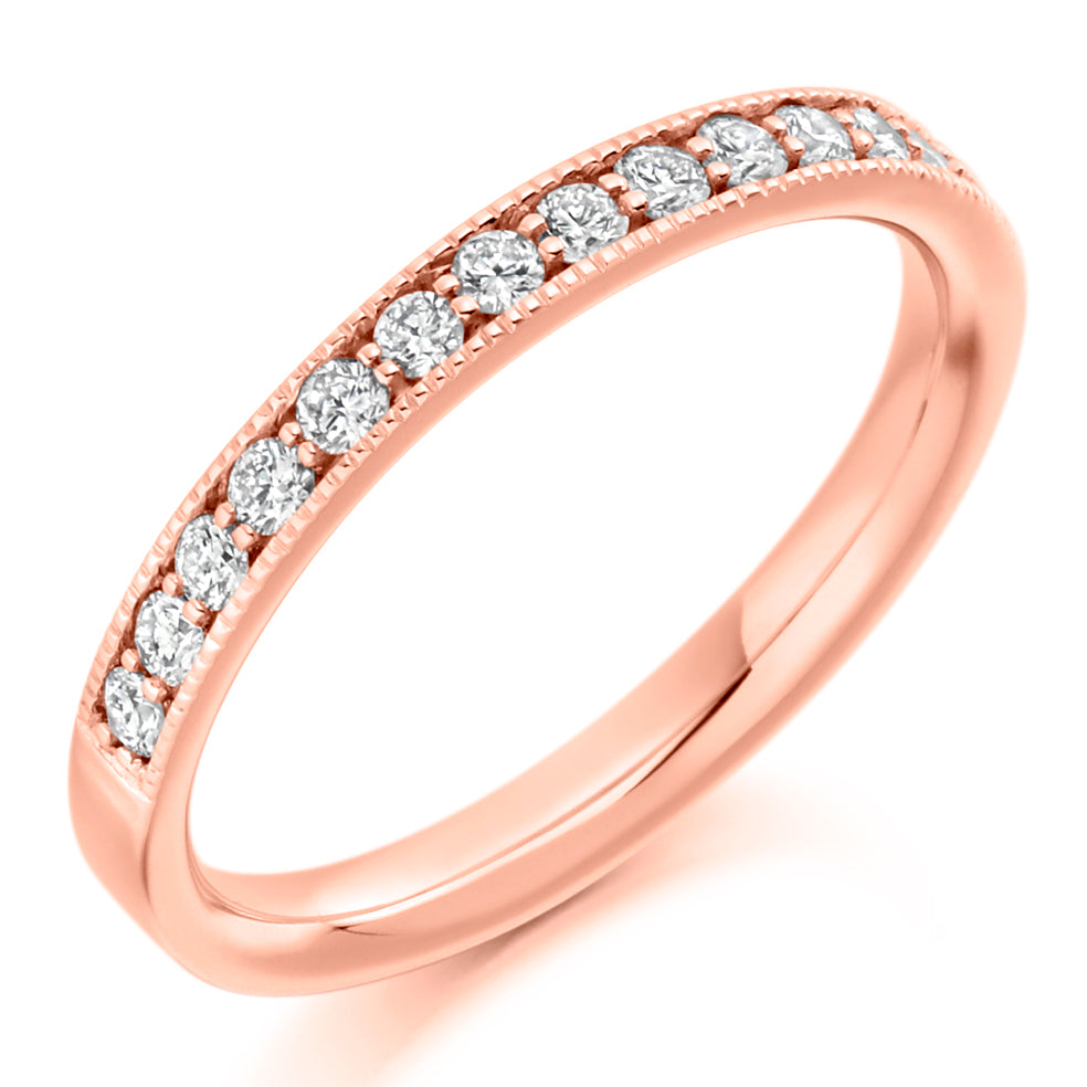 9ct, 14ct or 18ct rose gold , 0.33ct round brilliant cut diamonds, graded G Si, 2.5mm wide, Diamond certificate available for £25 - please let us know by leaving a message in the comments box at Checkout, Half sizes available