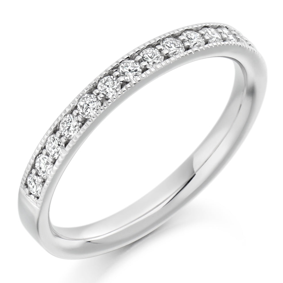 9ct, 14ct or 18ct white gold , 0.33ct round brilliant cut diamonds, graded G Si, 2.5mm wide, Diamond certificate available for £25 - please let us know by leaving a message in the comments box at Checkout, Half sizes available