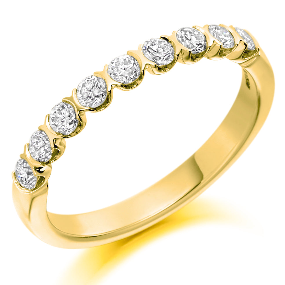 9ct, 14ct or 18ct yellow gold, 0.50ct round brilliant cut diamonds, graded G Si, 2.5mm wide, Diamond certificate available for £25 - please let us know by leaving a message in the comments box at Checkout, Half sizes available