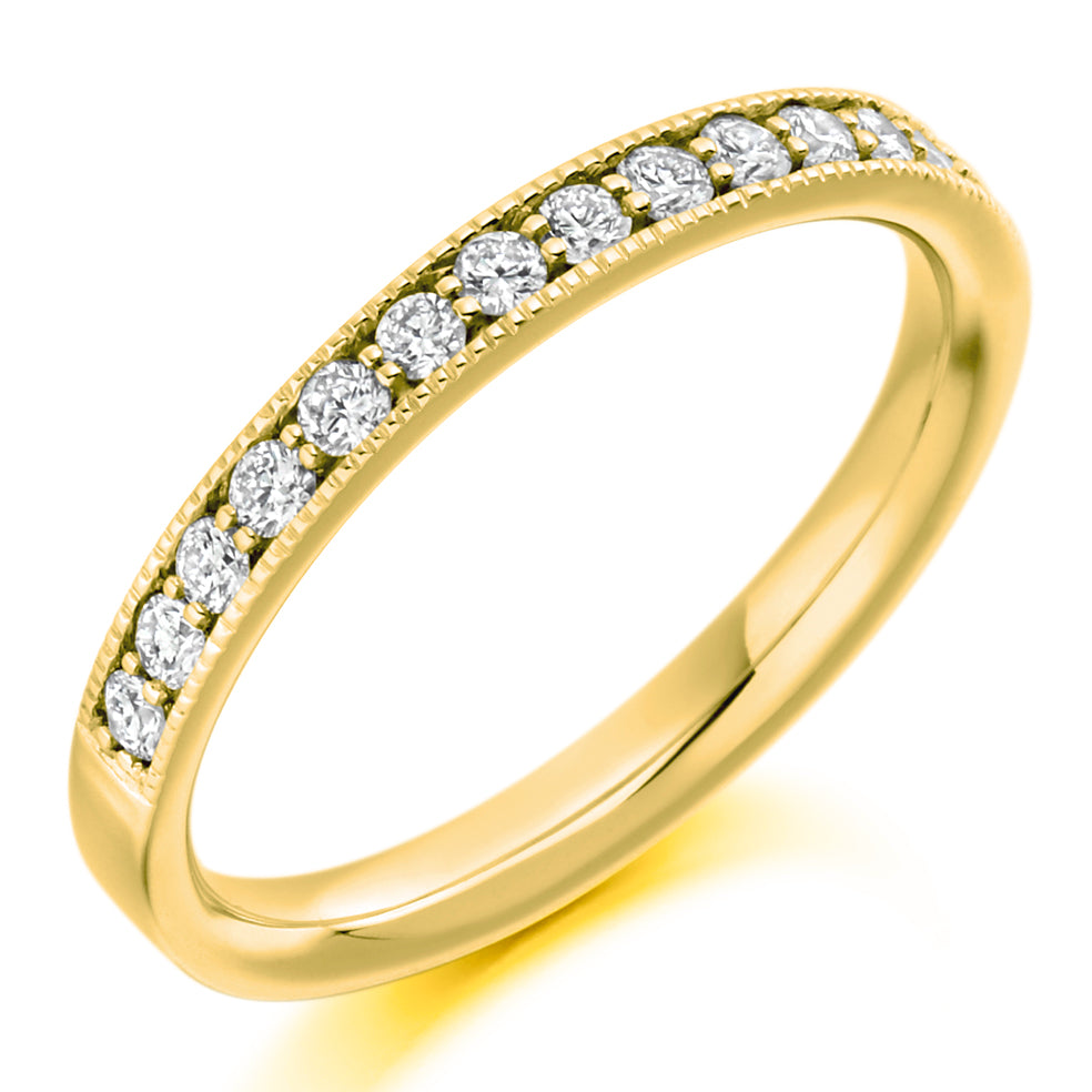 9ct, 14ct or 18ct yellow gold, 0.33ct round brilliant cut diamonds, graded G Si, 2.5mm wide, Diamond certificate available for £25 - please let us know by leaving a message in the comments box at Checkout, Half sizes available