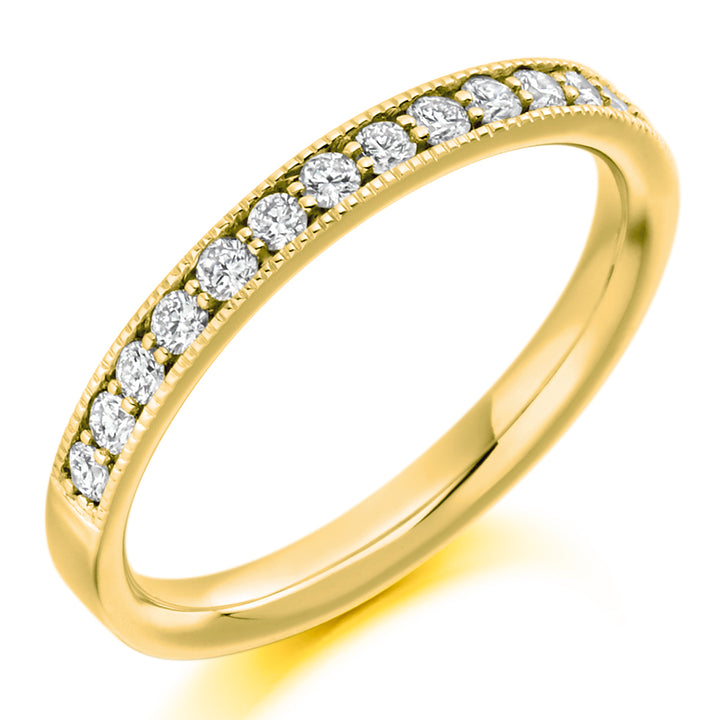 9ct, 14ct or 18ct yellow gold, 0.33ct round brilliant cut diamonds, graded G Si, 2.5mm wide, Diamond certificate available for £25 - please let us know by leaving a message in the comments box at Checkout, Half sizes available