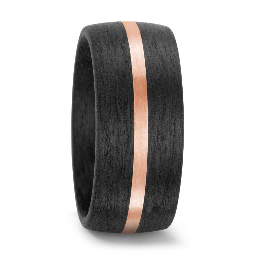 Black Carbon Fibre & Rose gold stripe ring, 10mm wide, 2.6mm deep, Comfort court profile, 59316-003-000-N556