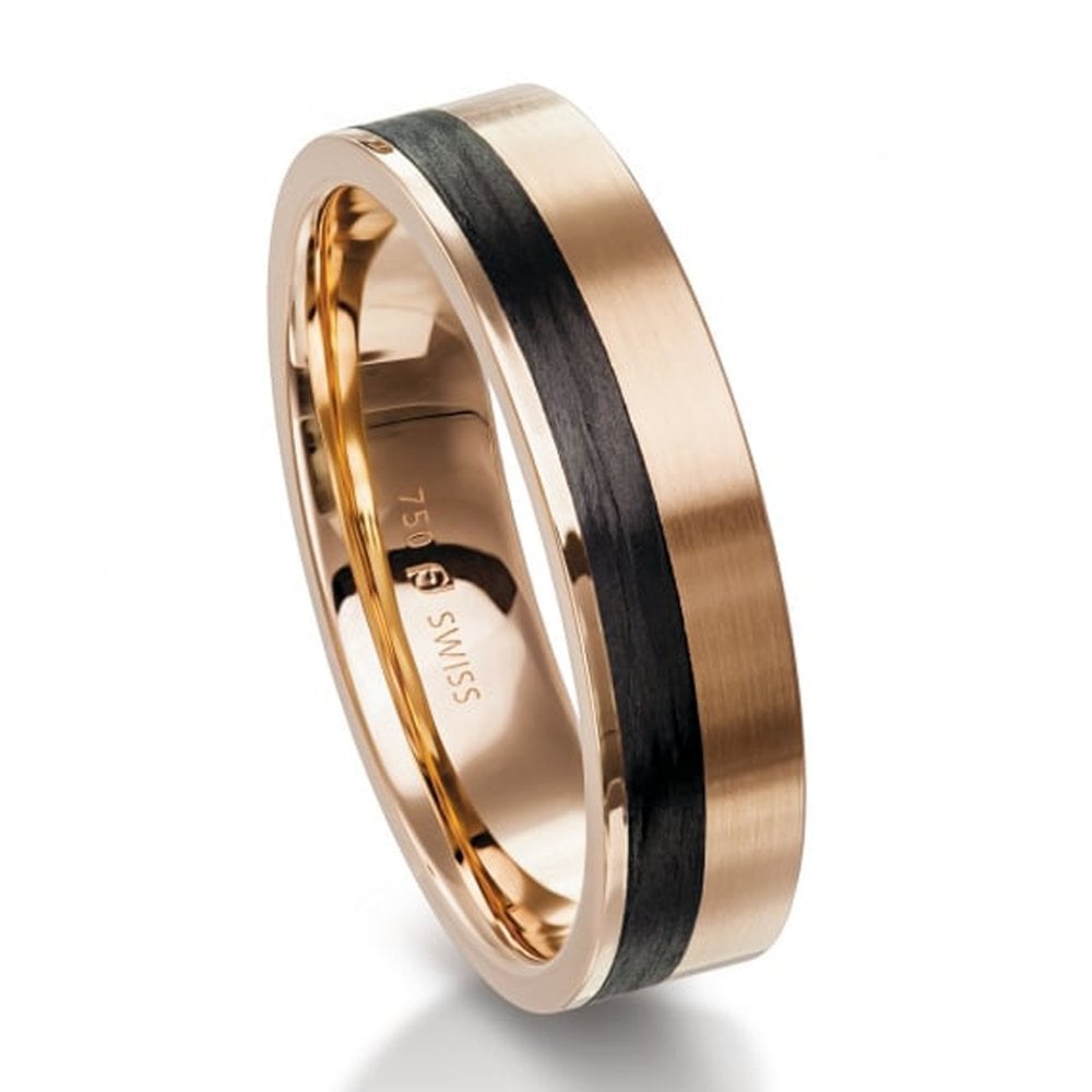 18ct Rose Gold , Carbon Fibre, 5.5mm wide , 1.8mm deep, AVAILABLE NOW IN SIZE 62 (UK T) leading edge