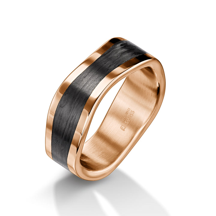 18ct Rose Gold & Black Carbon Fibre Wave Ring, 8mm wide & 2.3mm deep, Designed by Furrer Jacot