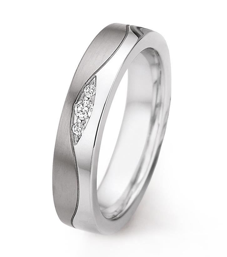 Steel & Titanium wedding ring with wave detail, set with 3 diamonds weighing approximately 0.12ct, 4.5mm wide