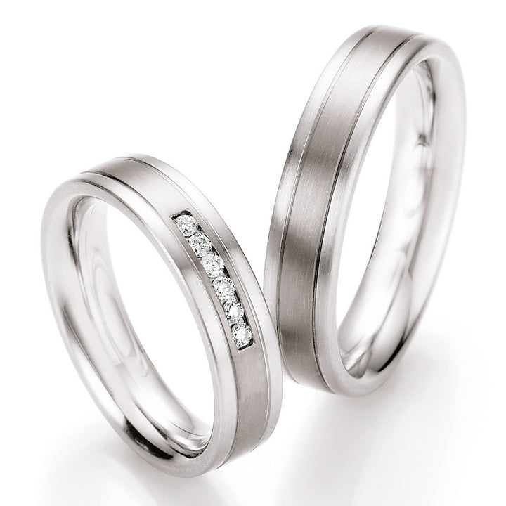 Pair of Aircraft grade Titanium & Surgical Steel rings, Diamond version set with 0.12ct, graded G/H Si, 5mm wide, Hypoallergenic, 68/06060-050-00