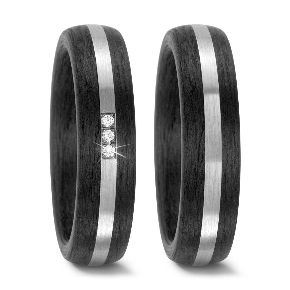 Pair of Black Carbon Fibre & Palladium rings, Plain & diamond set, 6mm wide, 2.6mm deep, Comfort court profile, 59318/003/000/NU55