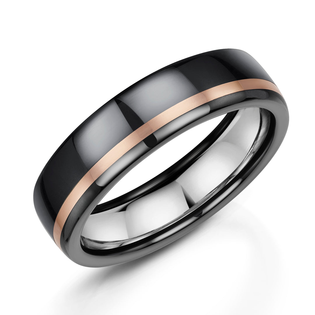 Sterling Silver inlay, Zirconium - black finish, 9ct Rose Gold, Ring width: 6mm  , Profile: Flat, Hallmarked "9ct & Other Metal" by Birmingham Assay Office