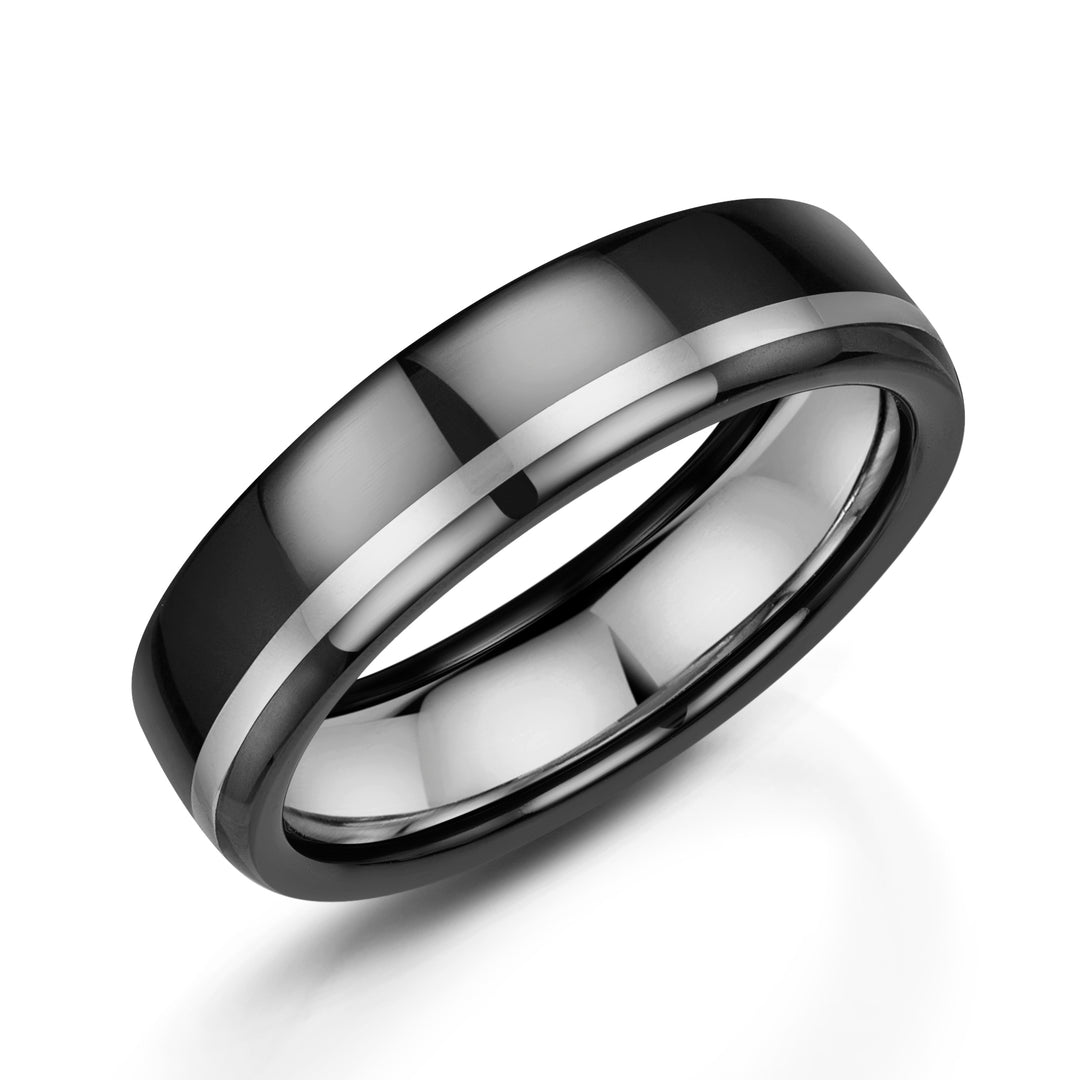 Zirconium - black finish, 9ct White Gold detail, Sterling Silver inlay Ring width: 6mm  , Profile: Flat , Hallmarked "9ct & Other Metal" by Birmingham Assay Office