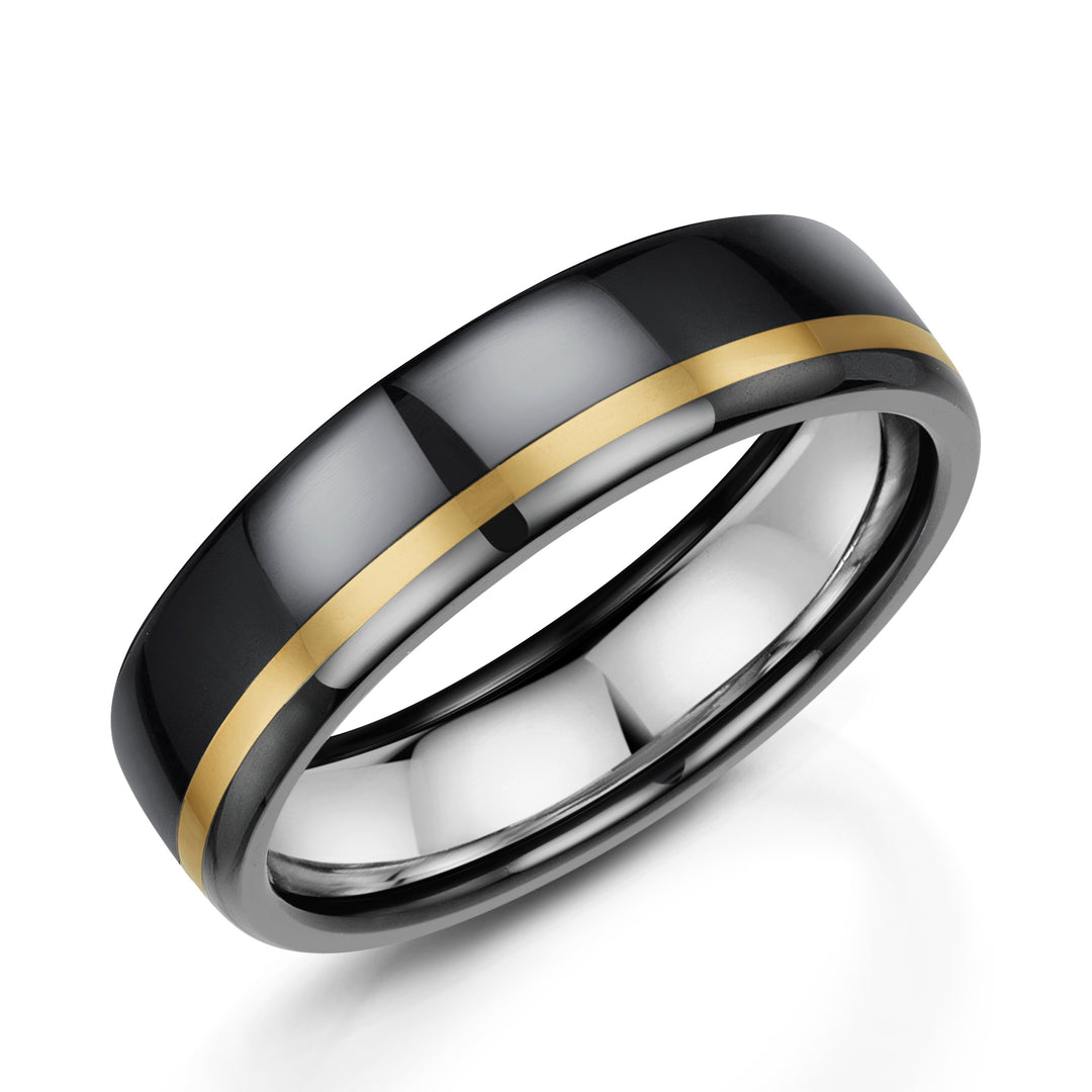 ZZ5016Y, Zirconium - black finish, 9ct Yellow Gold stripe, Sterling Silver inlay, Ring width: 6mm  , Profile: Flat , Hallmarked "9ct & Other Metal" by Birmingham Assay Office,