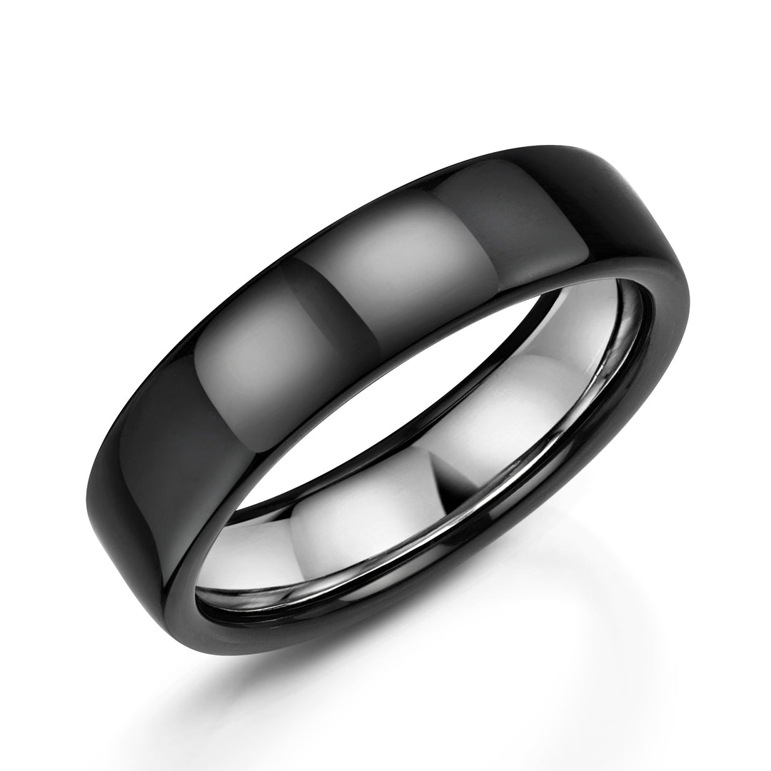 Zirconium - polished black finish, Sterling Silver, Ring width: 6mm  , Profile: Flat , Hallmarked "Silver & Other Metal" by Birmingham Assay Office