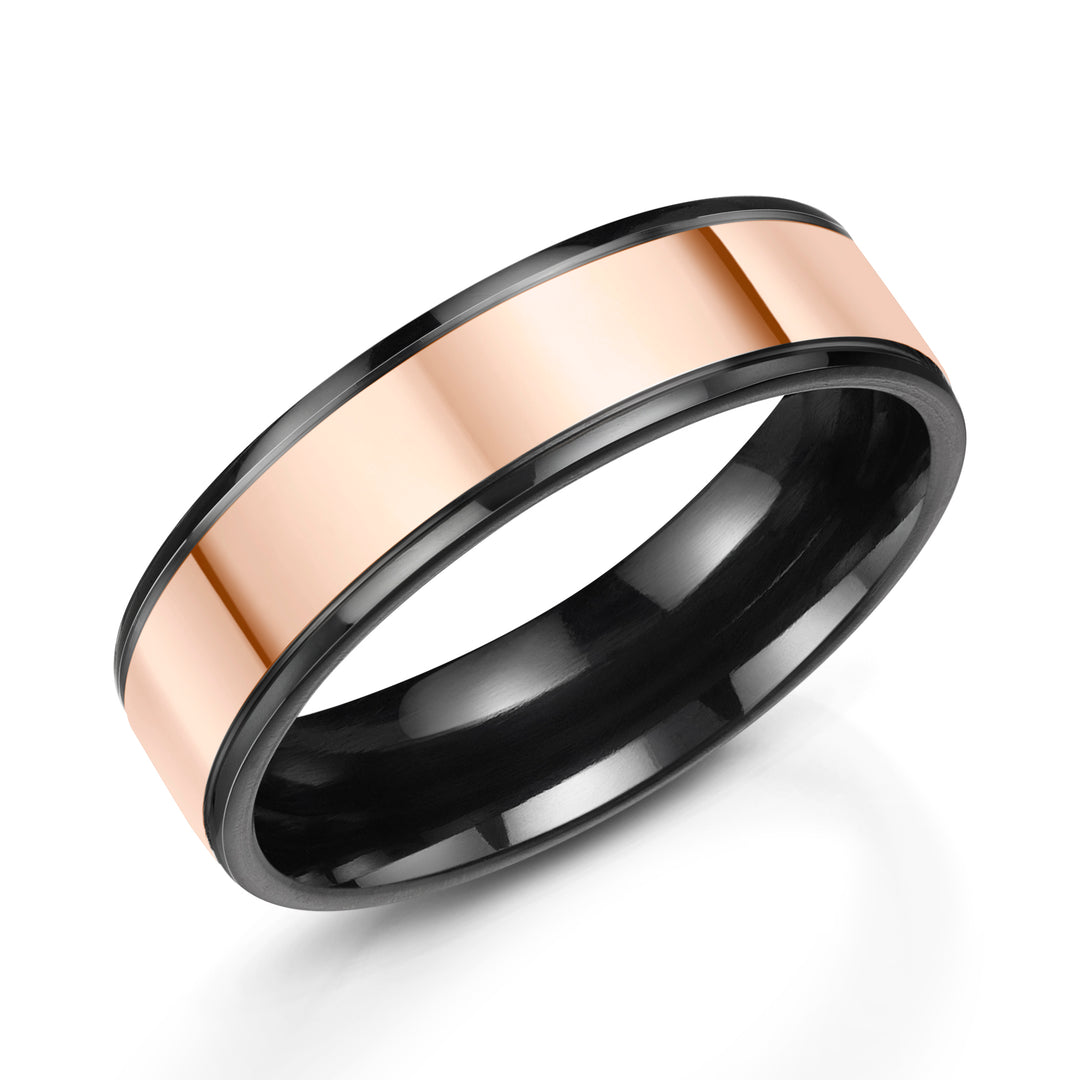 ZZ5606R, Zirconium - black finish, 9ct Rose Gold, Ring width: 6mm  , Profile: Flat , Hallmarked "9ct & Other Metal" by Birmingham Assay Office, POLISHED FINISH