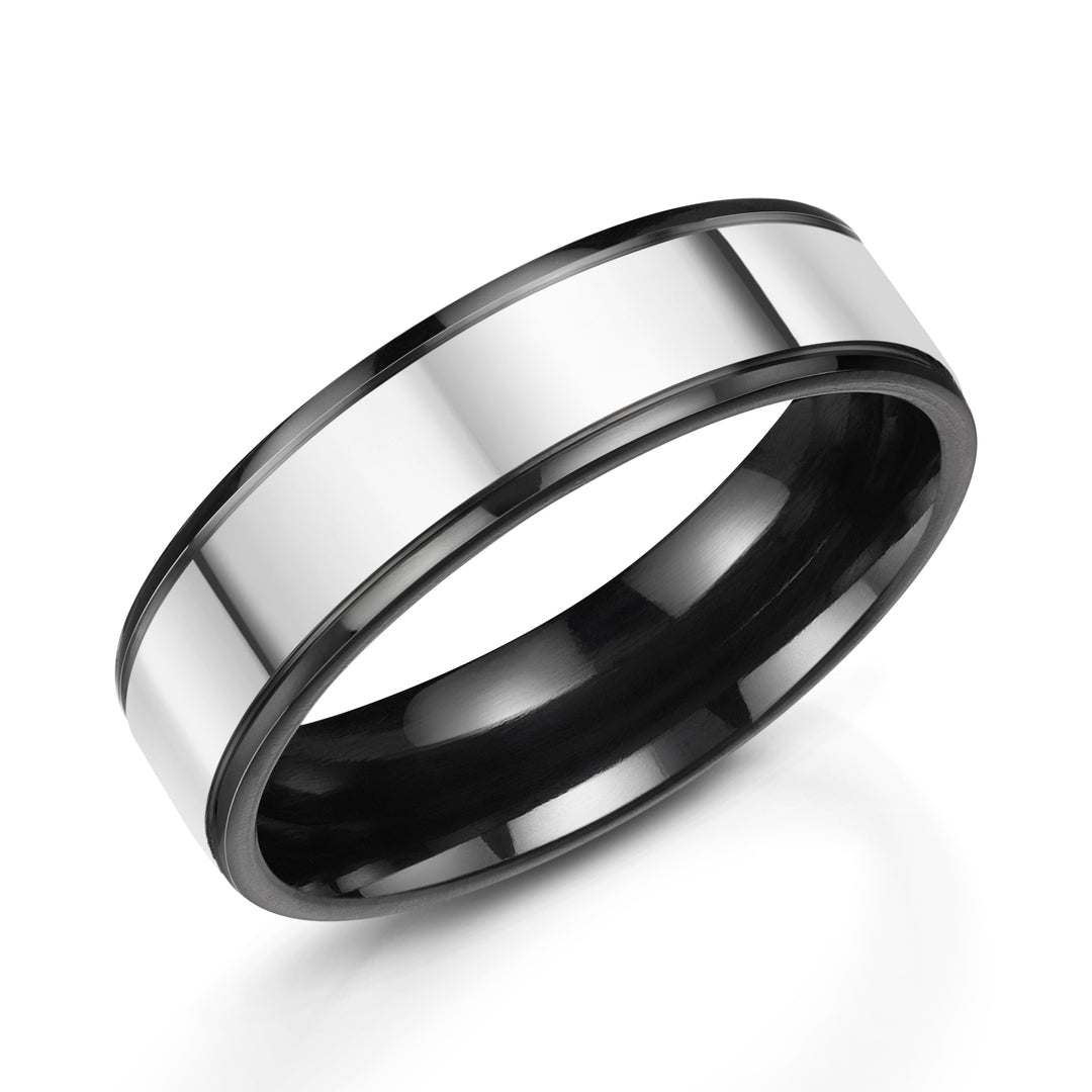 ZZ5606W, Zirconium - black finish, 9ct White Gold, Ring width: 6mm  , Profile: Flat , Hallmarked "9ct & Other Metal" by Birmingham Assay Office, polished finished