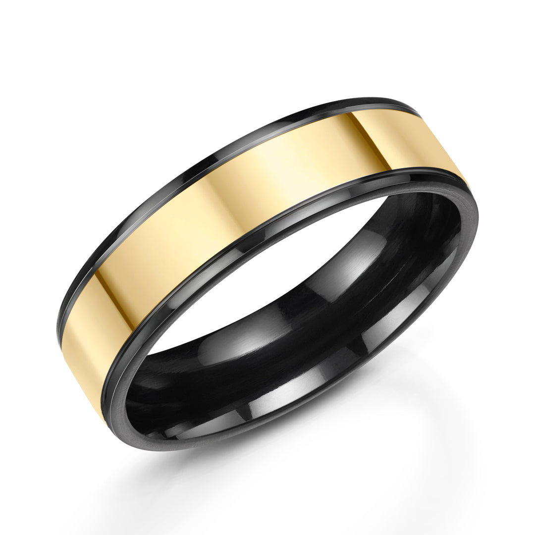 Zirconium - black finish, 9ct Yellow Gold, Ring width: 6mm  , Profile: Flat , Hallmarked "9ct & Other Metal" by Birmingham Assay Office, ZZ5606Y, polished